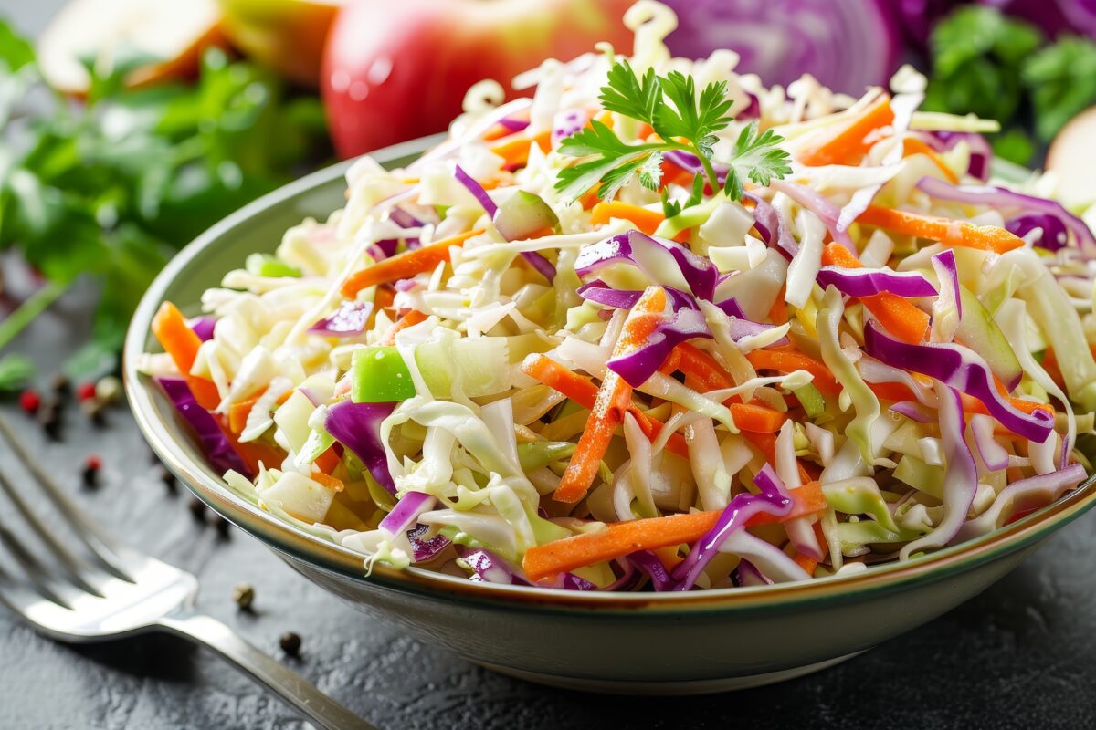 Cabbage carrot celery onion and apple coleslaw in a bowl