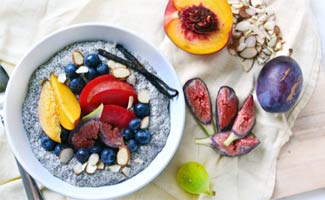 Chia Seeds Pudding in bowl with fruit