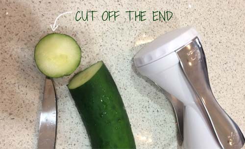 cut off the end of cucumber with veggetti