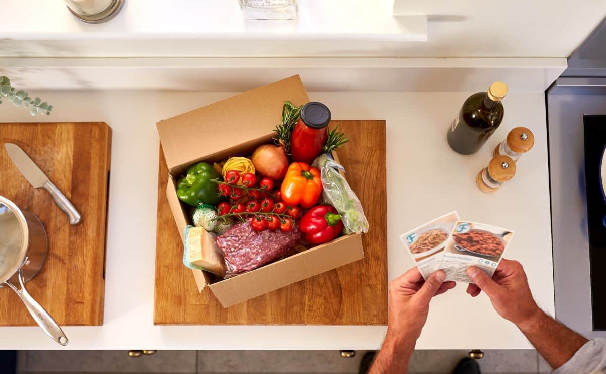 overhead of home meal prep cooking kit in kitchen