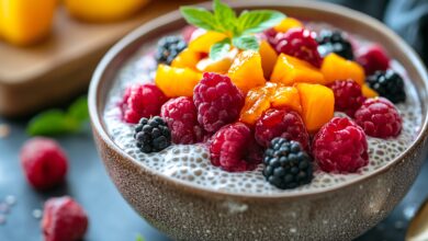 A bowl of chia pudding with fresh raspberries, blackberries, and diced mango.