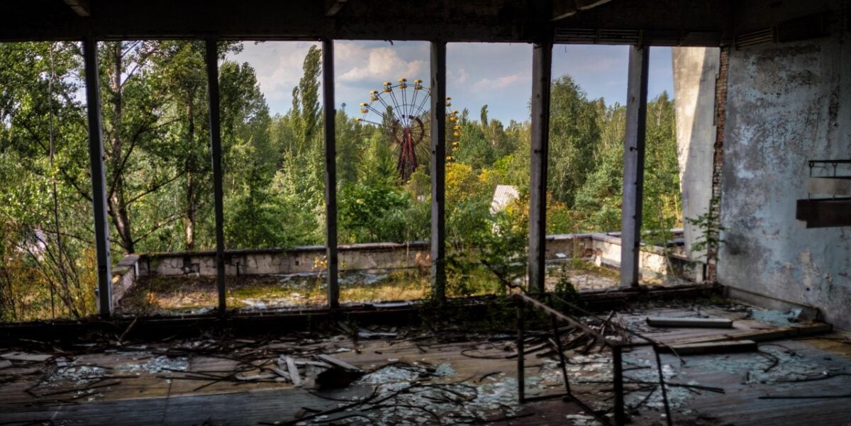 Inside of abandoned building in Pripyat, a city evacuated following the Chernobyl disaster. 