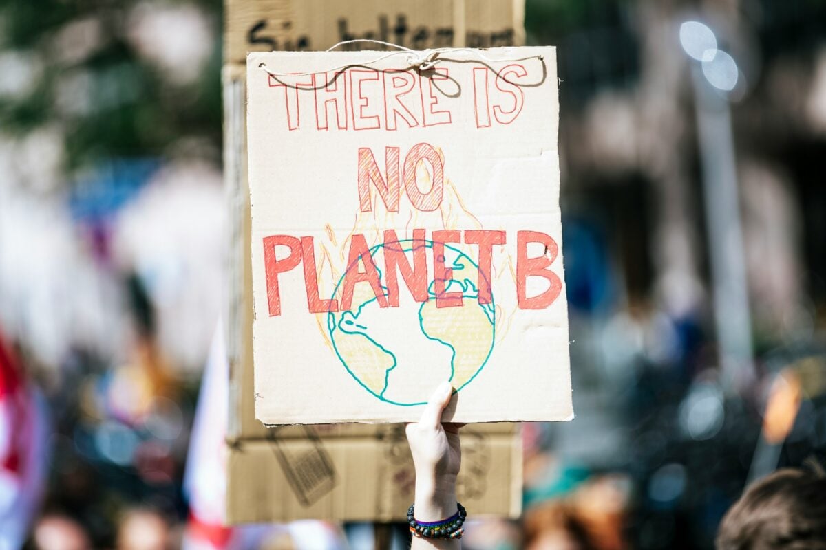 Global climate change protest demonstration with person holding sign reading, "there is no planet b."
