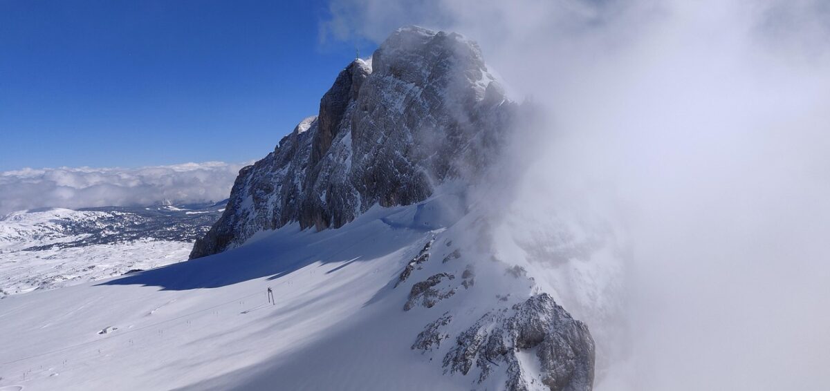 Ice age and snowy landscape.