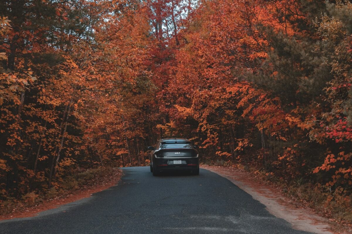 Car driving on autumn road.