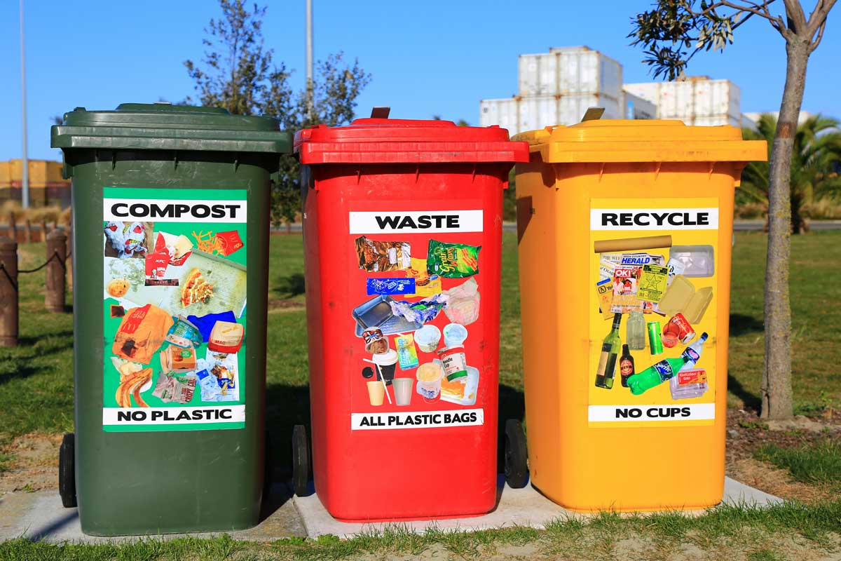 compost waste recycling colored bins, photo by Nareeta Margin, licensed via Unsplash