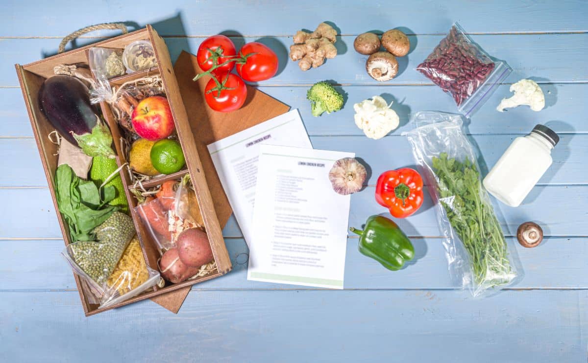 overhead of home meal prep cooking kit in kitchen